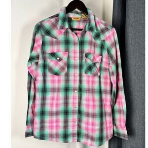 Wrangler Retro Premium Pearl Snap Shirt Teal Plaid Western Cotton M